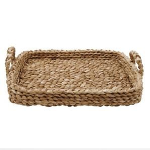 Square woven rattan tray, <b>thick</b> textured edge construction with built in top corner handles, available at wholesale prices. - Product Image 1