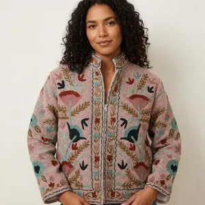 Sujani Eco-friendly Natural Dyes Quilted Knitted Floral Blazer <b>Jacket</b> Khadi Cotton Satin Stand Collar Double Breasted Autumn - Product Image 3