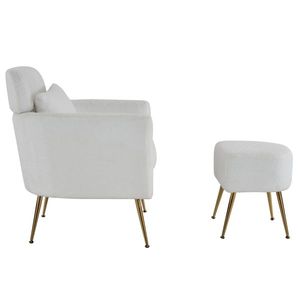 Poltrona singola beige in velluto con piedini dorati e poggiapiedi per interni - Product Image 4