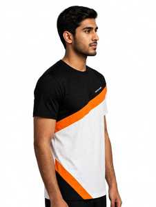 T-shirt à manches courtes pour homme en jersey 100% coton, color block, avec motif lettres, col rond anti-boulochage, noir, blanc, orange - Product Image 3