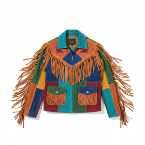 Premium Colorful Panel Work Western Fringe <b>Suede</b> Leather <b>Jacket</b> boho style - Product Image 1
