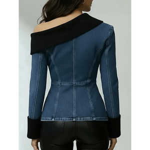 Chaqueta Peplum Asimétrica de Mezclilla Vanguardista para Mujer con Solapa de un Solo Hombro en Contraste y Cremallera Diagonal Expuesta - Product Image 2