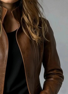 Blazer long en cuir d'agneau véritable marron fait main pour femmes - Product Image 2