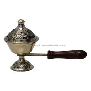 <b>Decorative</b> Handcrafted Brass Incense Burner with Wooden Handle Loban Bakhoor Burner Portable for Ritual Aromatherapy - Product Image 1
