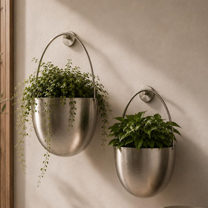 Silver Metal <b>Wall</b> <b>Hanging</b> <b>Planter</b> Pots with Arched Handles | Modern Oval Stainless Steel Finish Plant Holders for <b>Indoor</b> Outdoor - Product Image 1