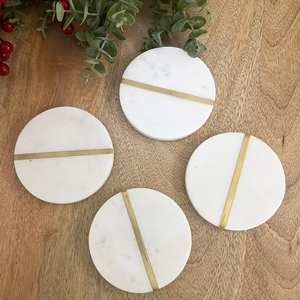 Ensemble de sous-verres en marbre blanc, sous-verres ronds en pierre avec incrustation métallique, 4,5 pouces - Product Image 3