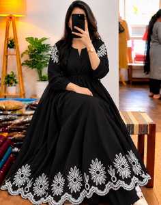 Purple Floral Embroidered Work Indian Pakistani <b>Top</b> <b>Long</b> <b>Tunic</b> Dress V Neck Puff <b>Sleeve</b> Regular Fit Floor-Length All Seasons - Product Image 3