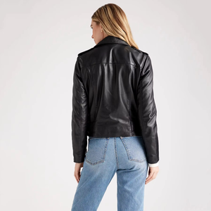 Women's <b>Genuine</b> Leather Moto Jacket Solid Color Slash Neck Zipper Closure Full Sleeve Regular Fit Autumn Wear - Product Image 3