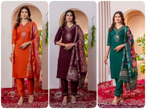 Conjunto de Kurta de Seda Viscosa de Diseñador Marina con Bordado a Mano y Borde Jacquard, Dupatta de Chanderi, Ropa al por Mayor - Product Image 2