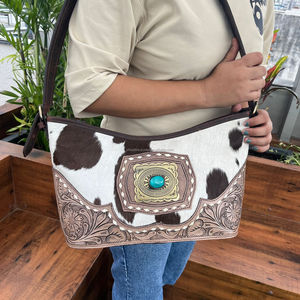 Bolso de mano de piel auténtica de vaca personalizado superventas para mujer, monedero Concho con piedra turquesa Floral, cierre de cremallera, estilo occidental - Product Image 3