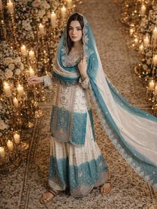 ชุดสัลวาร์ คามีซ ปักลายสีน้ำเงินขาวสำหรับผู้หญิง เสื้อคลุมยาวพร้อมผ้าคลุมไหล่ แบบดั้งเดิมของอินเดียและปากีสถาน เหมาะสำหรับงานแต่งงาน งานเลี้ยง งานรับปริญญา ไซส์ XL - Product Image 3