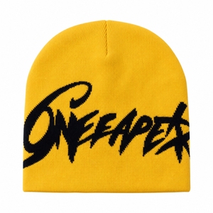 Yellow Black Knit Beanie Hat Ribbed Cuff <b>Winter</b> <b>Cap</b> Unisex Streetwear Fashion Headwear Custom Wholesale OEM - Product Image 4