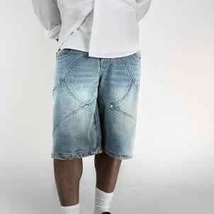 Shorts en jean délavé taille haute pour homme, coupe droite, décontracté, en coton, mi-longueur, avec poches et surpiqûres, idéal pour l'été - Product Image 6