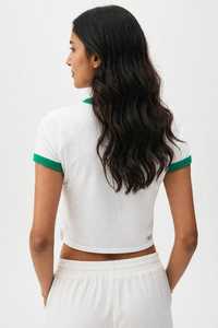 Women's <b>White</b> <b>Crop</b> <b>T</b>-<b>Shirt</b> Green Ringer Crew Neck Short Sleeve Casual 100% Cotton Breathable Summer Top - Product Image 3