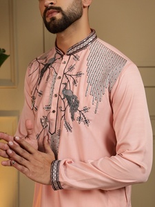 Ensemble Kurta Pyjama en Soie Rose pour Homme, Coupe Classique, Style Traditionnel Indien et Pakistanais, Longueur Genou, Idéal pour Mariage - Product Image 6