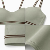 Soutien-gorge de sport personnalisé en gros, en nylon et élasthanne, couleur sauge, maintien moyen, bretelles spaghetti, rayures contrastées, pour le yoga et les activités sportives