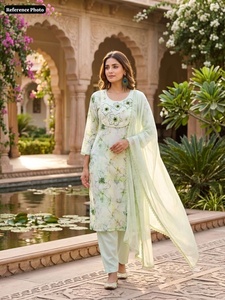 <b>Women</b> Light Green Floral Printed Kurti Pant Dupatta <b>Set</b> For Traditional Indian Pakistani Casual Wear Spring Cotton - Product Image 1