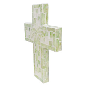 Handcrafted Mother Of Pearl Cross <b>Wall</b> Decor Green Palm Pattern <b>Wall</b> Art Tropical Accent Graceful Capiz Cross Hanging Home Decor - Product Image 5