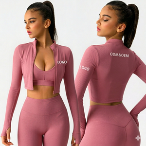 Women's Ribbed <b>Yoga</b> Set 3PC Seamless High-Waist Leggings Thumbhole Crop <b>Jacket</b> & V-Neck Bra Custom Logo ODM/OEM Gym Studio Wear - Product Image 2