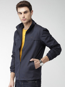 <b>Men's</b> Navy Blue Stand Collar <b>Racer</b> <b>Jacket</b> Solid Color Zipper Closure Casual Windproof Polyester Shell Regular Fit Autumn Wear - Product Image 5
