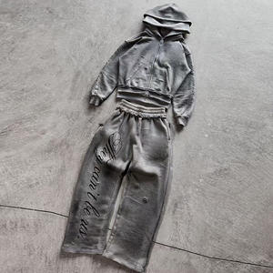 Ensemble de survêtement en coton épais délavé à l'acide, personnalisé pour le sport d'hiver, comprenant un sweat à capuche et un short - Product Image 2