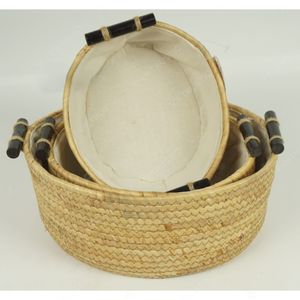 CALA <b>LINEN</b> Woven Seagrass Eco-Friendly Simple Oval <b>Storage</b> Baskets-Lined Organizer Bins with Wood Handles - Product Image 2
