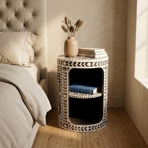Round Arabic Flower Pattern Bone Inlay Nightstand with Carved Design Double-Tier <b>Storage</b> Bedside Table for Home Office Decor - Product Image 1