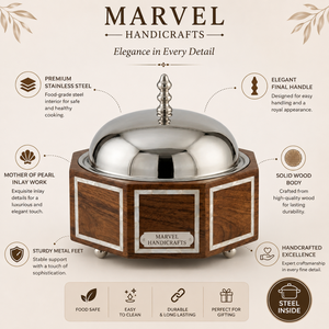Cazuela de Madera con Incrustaciones de Madreperla de Marvel Handicrafts |   Recipiente Interior de Acero Inoxidable |   Plato para Servir Comida Premium |   Lujo - Product Image 5
