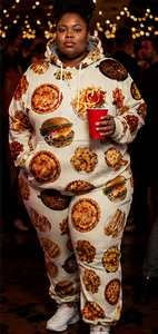 Ensemble de survêtement décontracté deux pièces pour femme grande taille, personnalisable, avec sweat à capuche en polaire et pantalon de jogging, imprimé 'American Food', coupe ample, pour l'hiver - Product Image 4