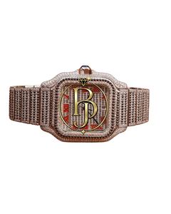 Montre-bracelet de luxe carrée sertie de diamants, lunette ornée, cadran étincelant, chiffres romains rouges, couronne en pierres précieuses, élégante en acier inoxydable - Product Image 5