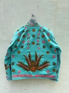 Abrigo Vintage de Terciopelo Turquesa con Bordado Floral, Cuello Mandarín, Manga Larga, Frente Abierto, Prenda Exterior Informal, Exterior de Algodón - Product Image 4