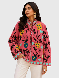 Pink Hand Embroidered Floral Jacket With Mandarin Collar Lantern Sleeve Plus Size Women's Spring <b>Blazer</b> - Product Image 1
