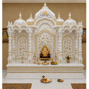 Mandir de prière hindou traditionnel en bois de teck massif avec dômes, finition blanche de luxe, armoire de temple en bois de teck massif - Product Image 1
