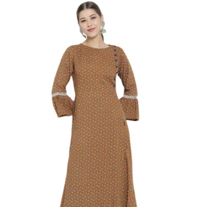 Vente en gros : Kurti d'été imprimé floral coupe trapèze en viscose marron, vêtement ethnique décontracté et confortable pour femme, protection solaire - Product Image 1