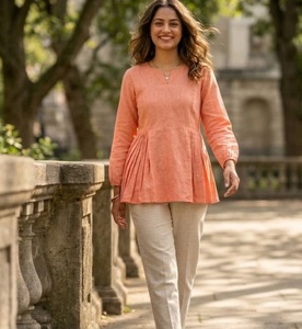 Linen Cotton Fabric Short Plain Kurti And Pant Pair Casual Wear Formal Regular Wear Kurti Plazzo Pant Cordset For Ladies - Product Image 1