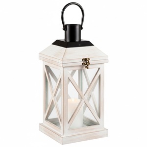 Home Decor Accent Set Of 2 Distressed White Wooden Candle Lanterns With Metal Top And <b>Glass</b> For Home Garden Decorative Lanterns - Product Image 2