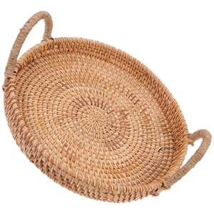 Large Capacity Handmade Bohemian Wicker Rattan Serving <b>Tray</b> with Handles Breakfast/Fruit/Bread Tableware for Home Use - Product Image 1