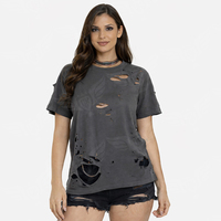 T-shirt femme marron déchiré et vieilli, col rond, manches courtes, style vintage streetwear, dernière mode