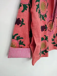 Veste bohème en coton rose pêche brodée Suzani, col montant, faite à la main, motif floral coloré, pour femme, automne - Product Image 5