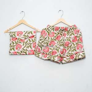 Ensemble de pyjama court pour femme en coton 100% pur, respirant, doux, imprimé fleuri, col en V, fermeture à cordon, été - Product Image 2