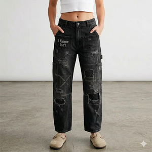 Jean cargo en denim personnalisé avec logo, multi-poches, streetwear, coupe ample, jambe large, vintage, délavé, effet usé, droit, tendance - Product Image 4