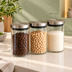 Clear Glass Storage <b>Canister</b> <b>Set</b> with Stainless Steel Lids and Sealing Rings | Modern Kitchen Pantry Organizer for Food Storage - Product Image 3