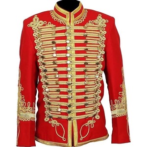Men's Red Double Breasted Hussar <b>Jacket</b> With Gold Embroidery <b>Mandarin</b> <b>Collar</b> Formal Winter Coat - Product Image 1
