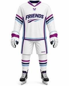 Ensemble d'uniformes de hockey sur glace sublimés personnalisés, rayures blanches, violettes et bleues, polyester respirant, vêtements de sport pour hommes adultes - Product Image 1