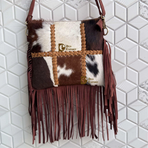 High Quality Stylish Hair Hide Fringe Cowhide Leather Sling Bag Patches Handbag Cross Body Women's Uses Handmade Handbag - Product Image 1