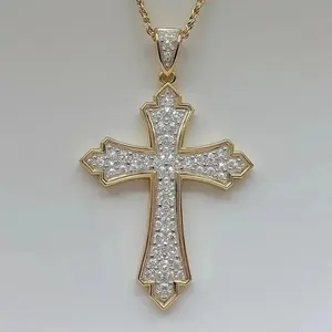 Pendentif Croix pour Femme en Moissanite Véritable 2 carats, Coupe Ronde, Argent Sterling Plaqué Or Jaune 14K, Style Hip Hop - Product Image 4