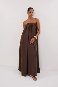 Vestido Largo Informal de Verano para Mujer, Color Marrón Satinado, Sin Tirantes, Cintura Imperio, Corte en A - Product Image 2