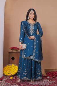 Blue Vichitra Silk Embroidered Indian Pakistani Traditional <b>Wedding</b> <b>Suit</b> <b>Women</b> Floor-Length Regular Fit Wrinkle Free - Product Image 2