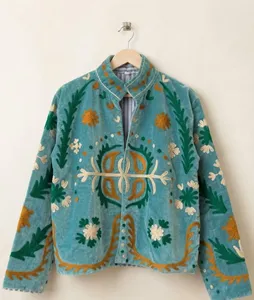 Bohemian Sky Blue Velvet Floral Embroidered Suzani Jacket Full Sleeve Stand Collar Handmade <b>Spring</b> <b>Women's</b> <b>Coat</b> - Product Image 4
