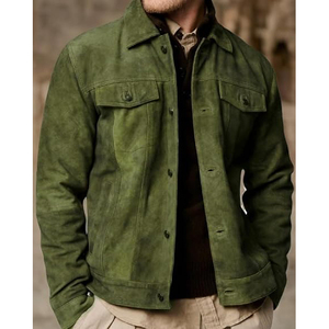 <b>Men's</b> <b>Suede</b> Leather <b>Jacket</b> Green Stand Collar Solid Thick Workwear Style Zipper Closure Autumn Casual Outerwear - Product Image 4